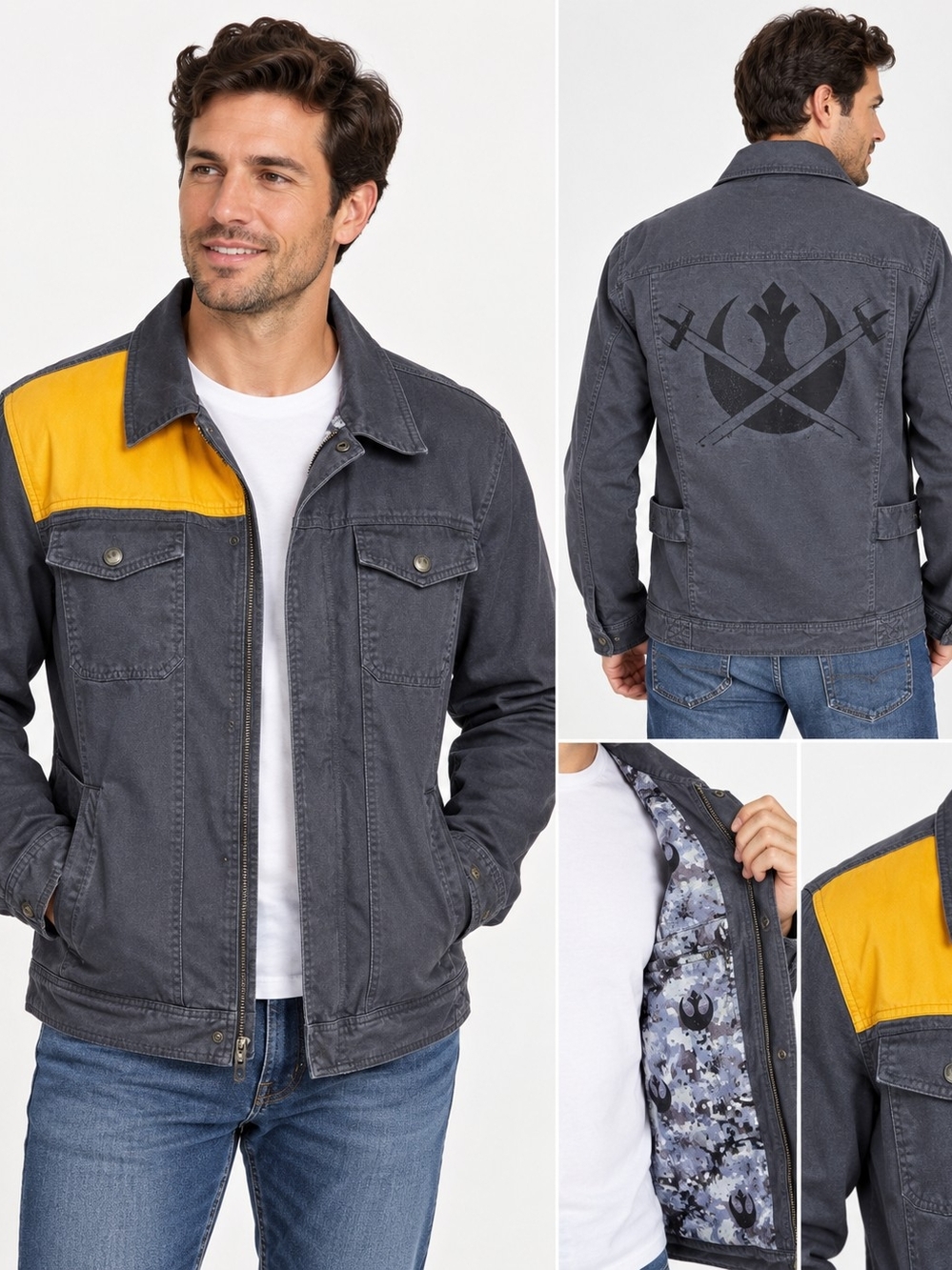 Star Wars Rogue One Rebel Alliance Military Jacket Mens L Gray Yellow X-Wing